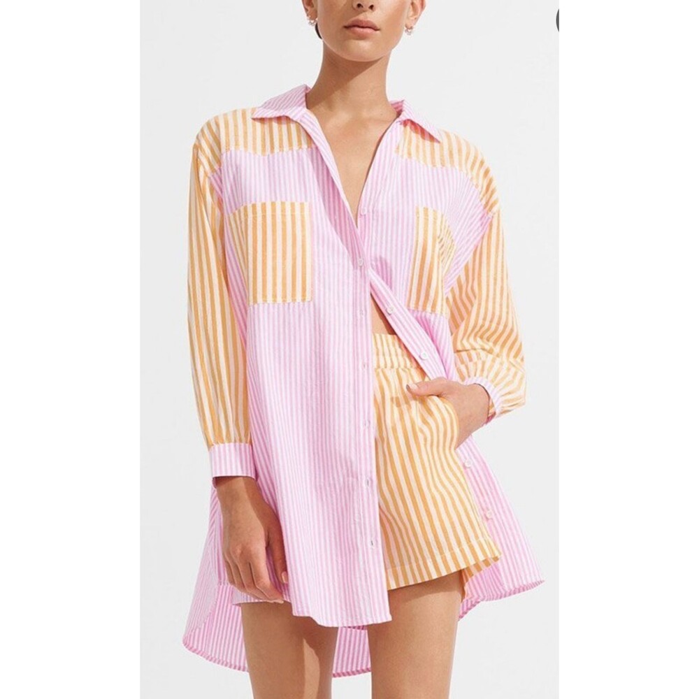 Women's Boohoo 2pcs Patchwork Striped Long Sleeve Shirt And Shorts Set